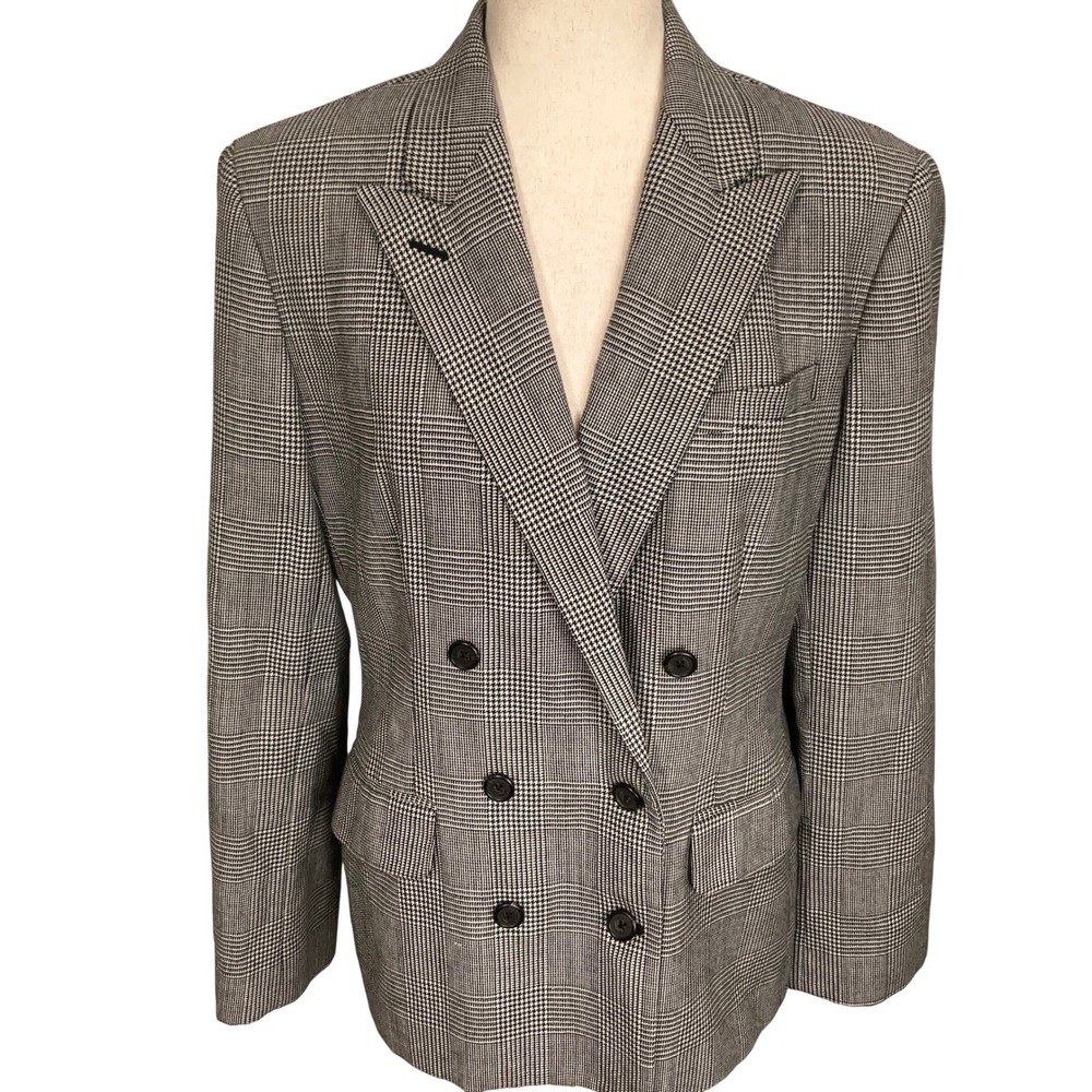 Lauren Ralph Lauren Blazer Womens 12 Black White Glen Plaid Double Breasted